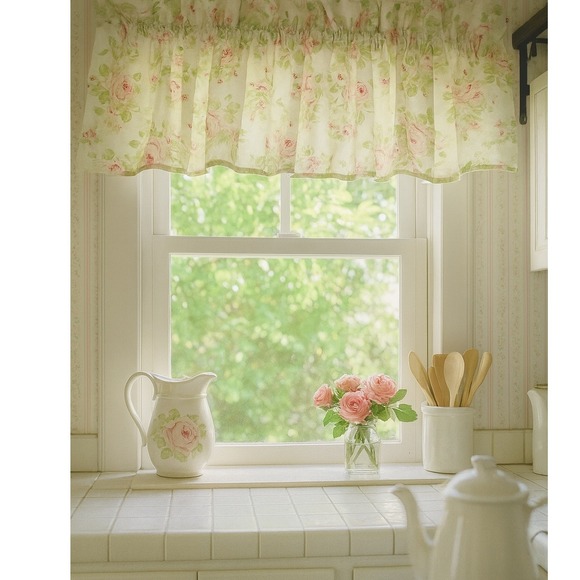 Other - Floral Curtain Valances, Cottagecore Shabby‎ Chic Style, Rose Print, 2 Panels